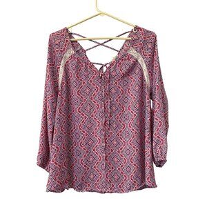 Pink Rose Blouse Size Large Floral Geometric 3/4 Sleeve Criss Cross Back Lace